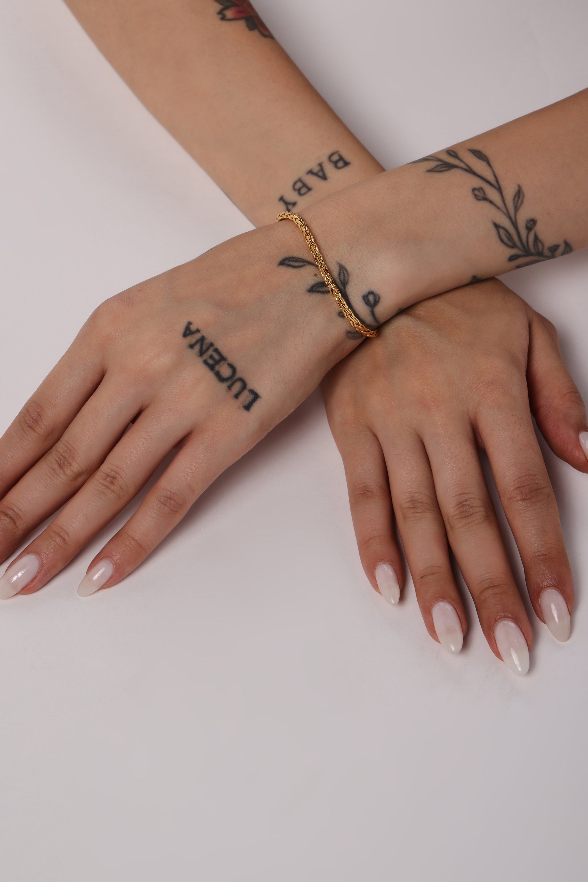 The Wheat Chain Set - model shot, gold wheat chain bracelet by Sucra