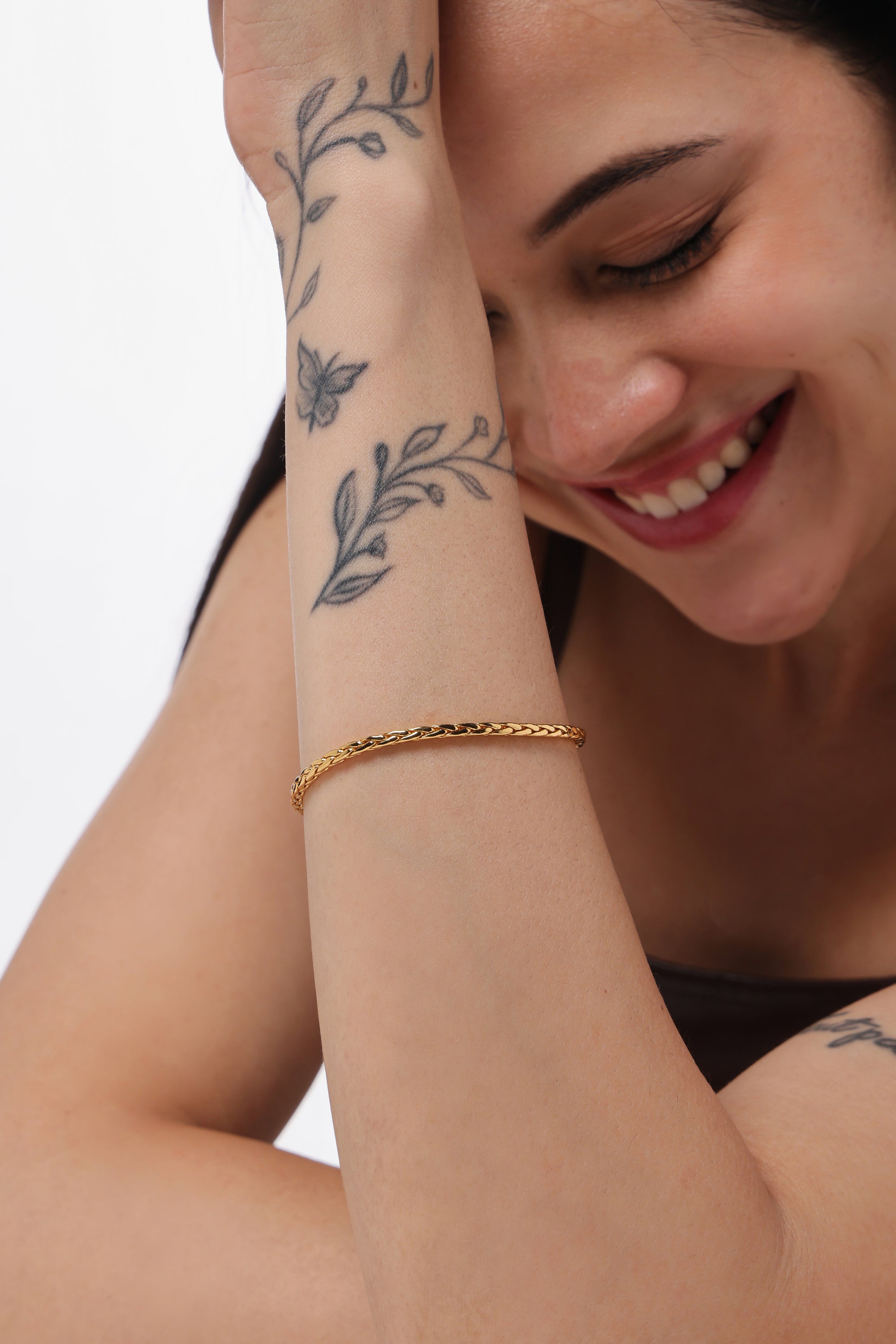 Wheat Chain Bracelet — model shot, 14K gold-plated recycled brass bracelet by Sucra