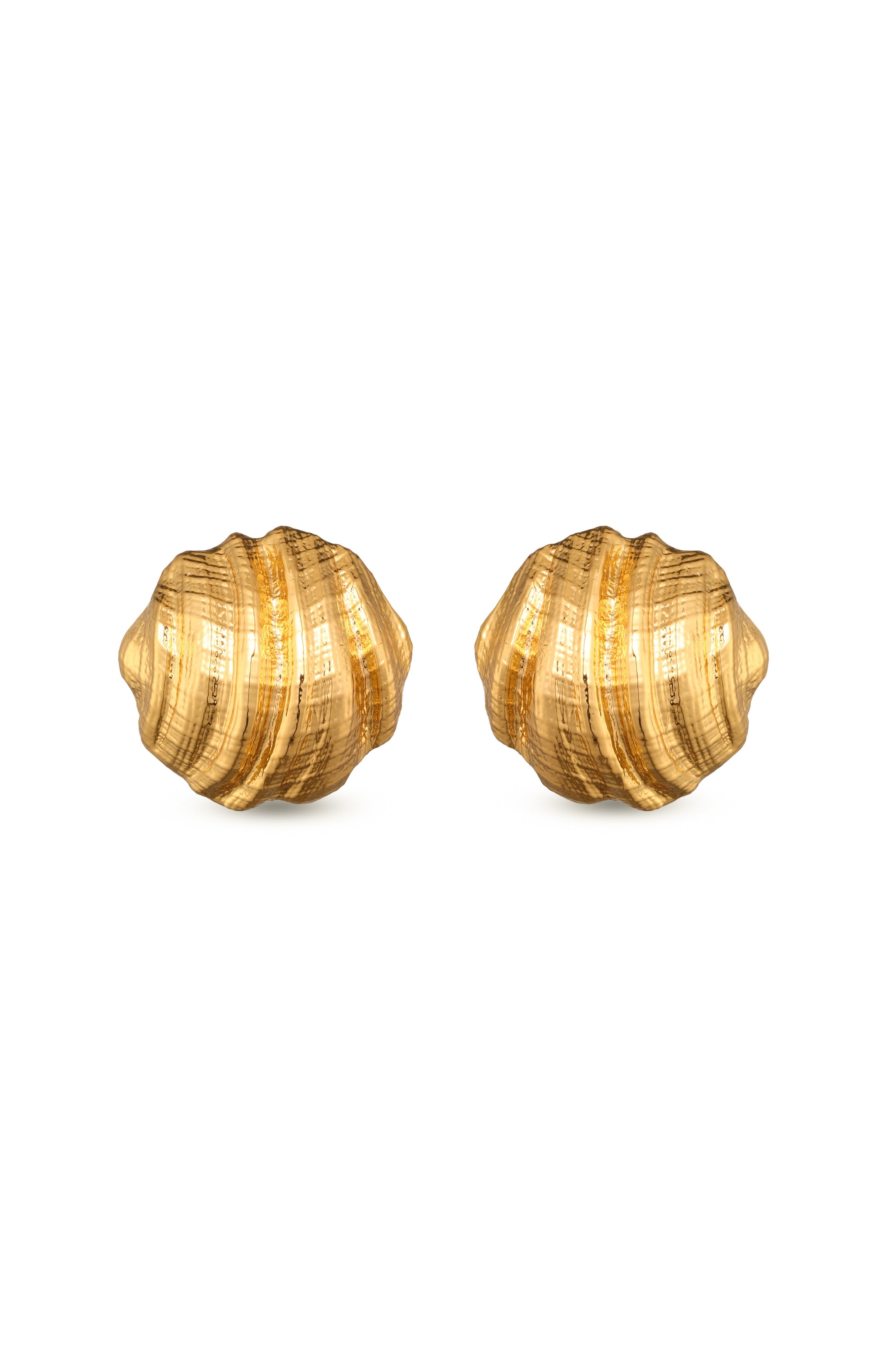 Pair of Real gold plated shell-shaped earrings on a white background