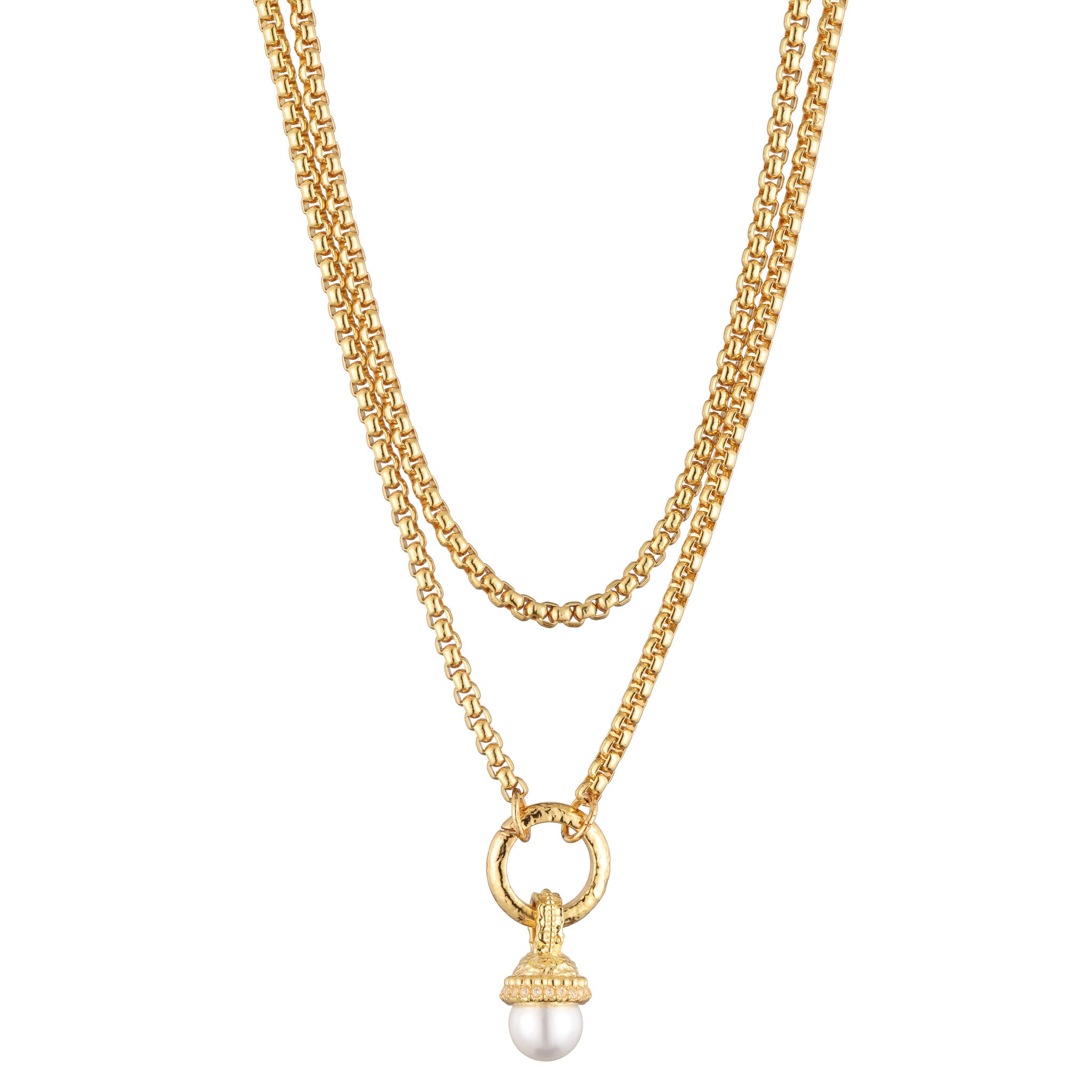 Real gold plated necklace with a freshwater pearl pendant on a white background