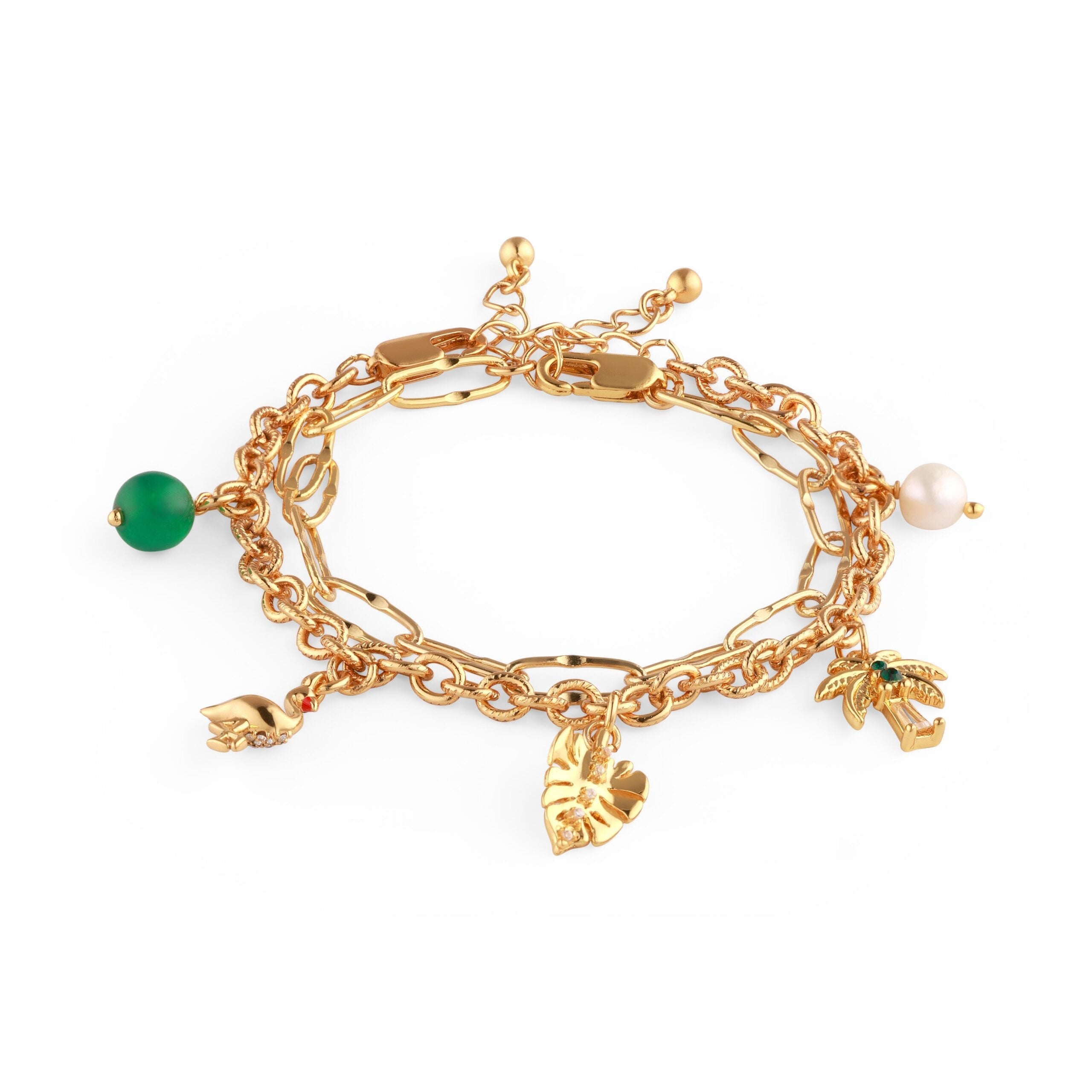 The Island Set - gold charm bracelet with green agate, freshwater pearls and palm charms by Sucra