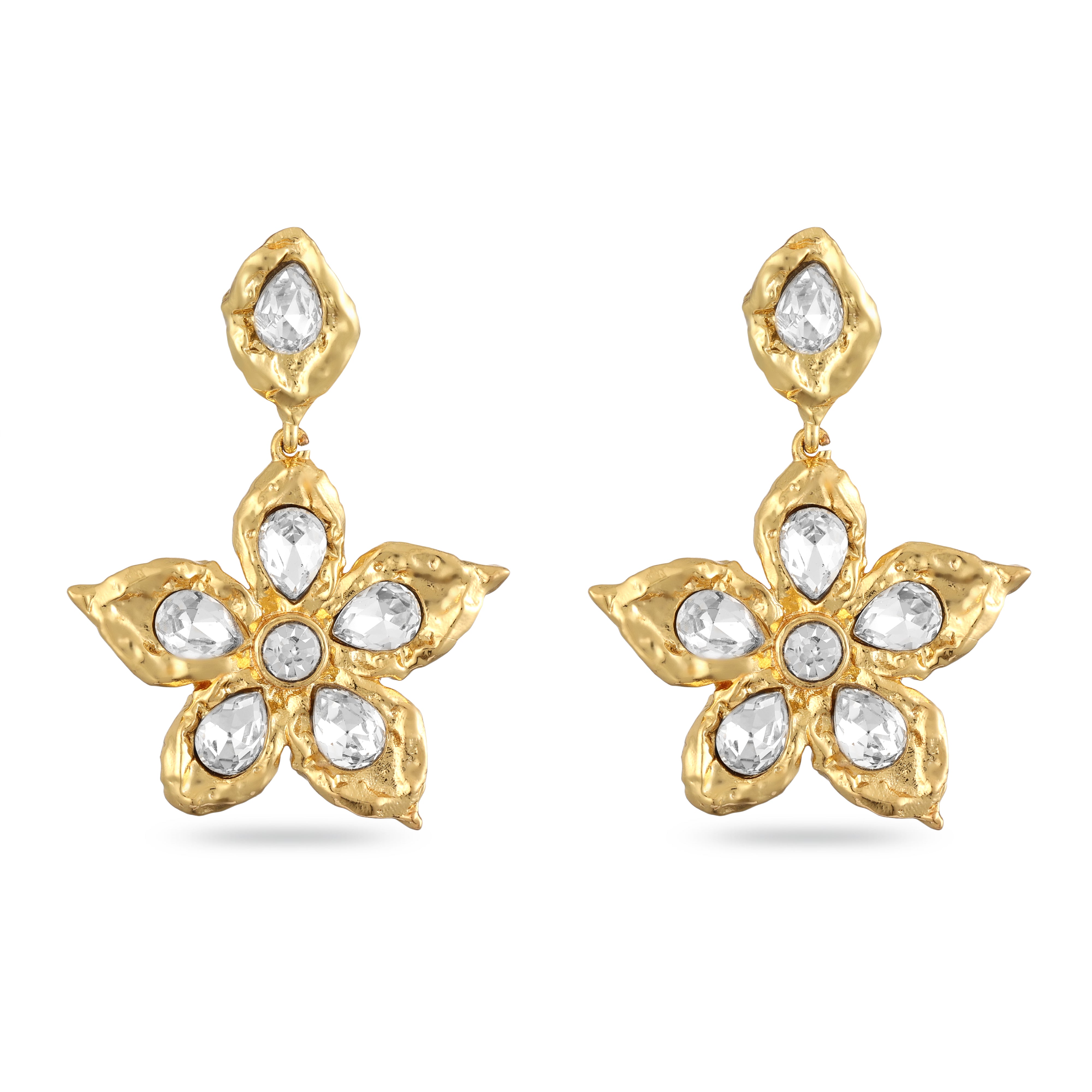 Gold floral earrings with clear gemstones on a white background