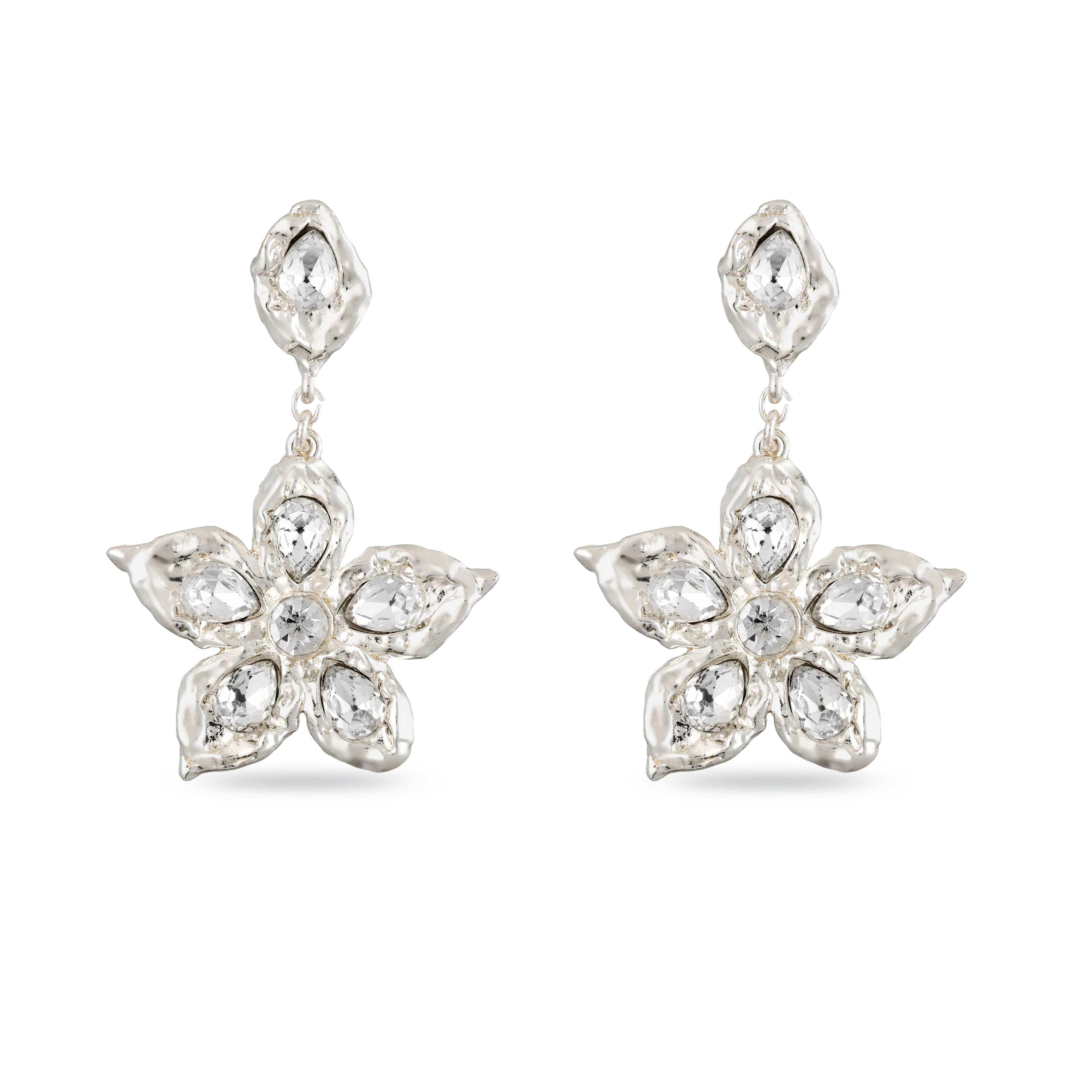 Pair of silver floral earrings with clear gemstones on a white background