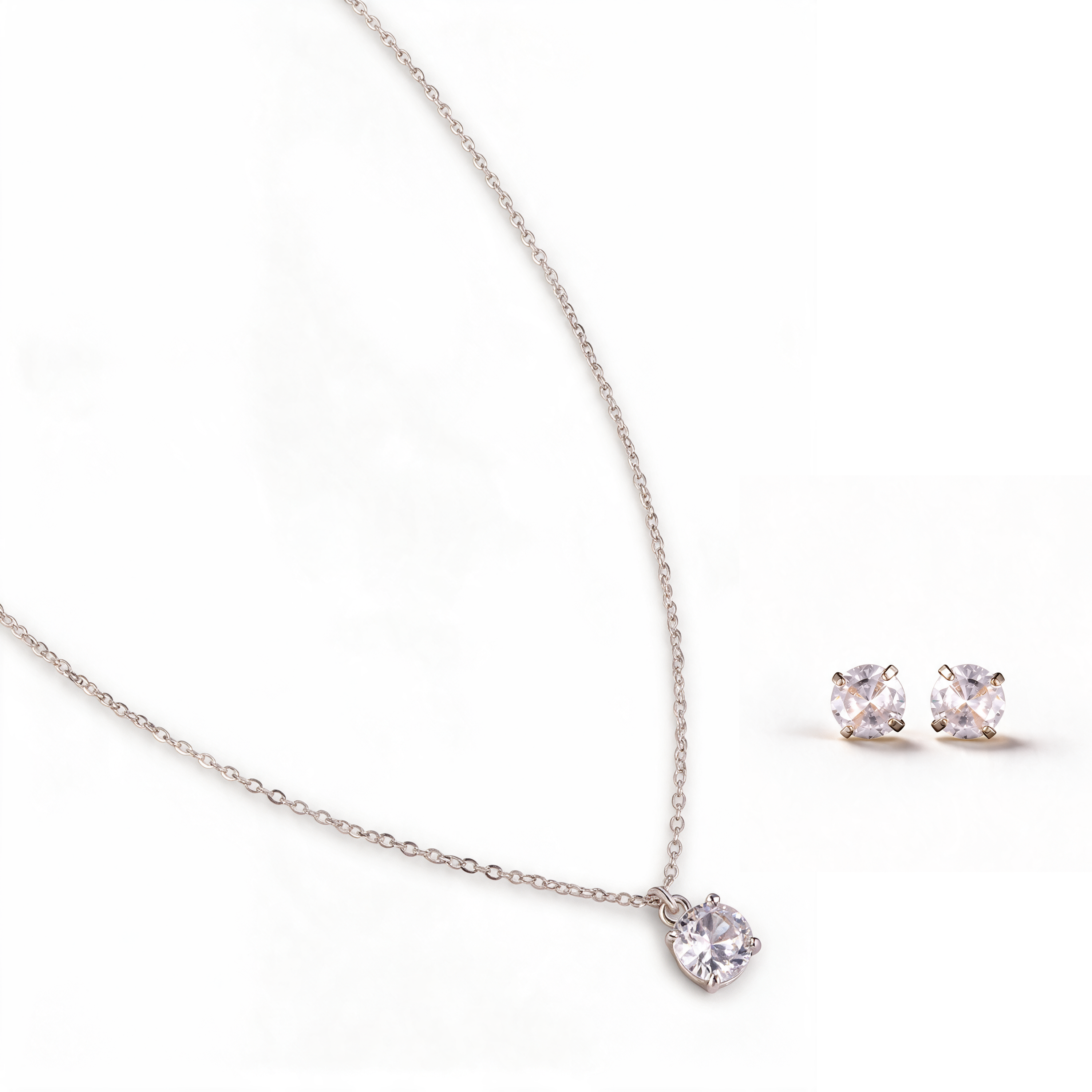 Facet Round Solitaire Set - silver CZ necklace and stud earrings by Sucra
