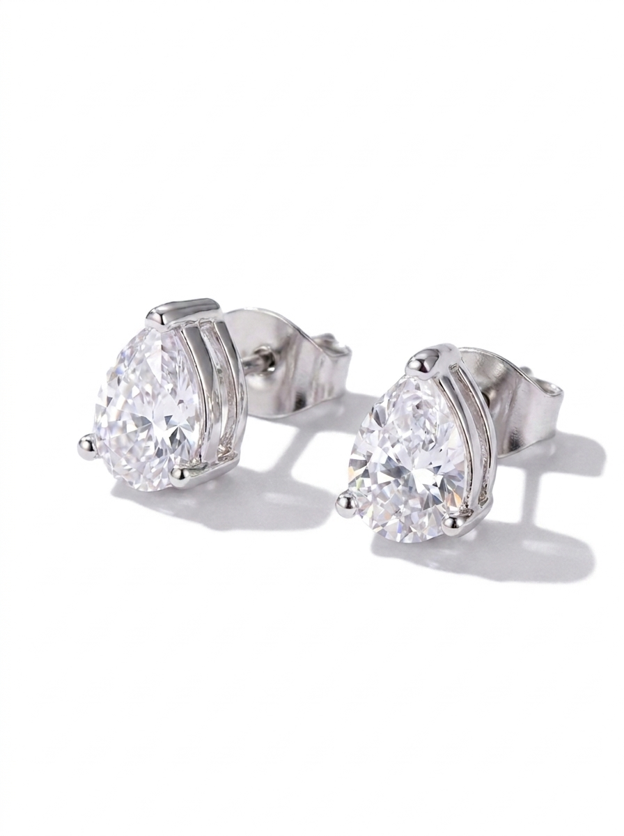 Facet Pear Solitaire Set - silver CZ pear stud earrings detail by Sucra