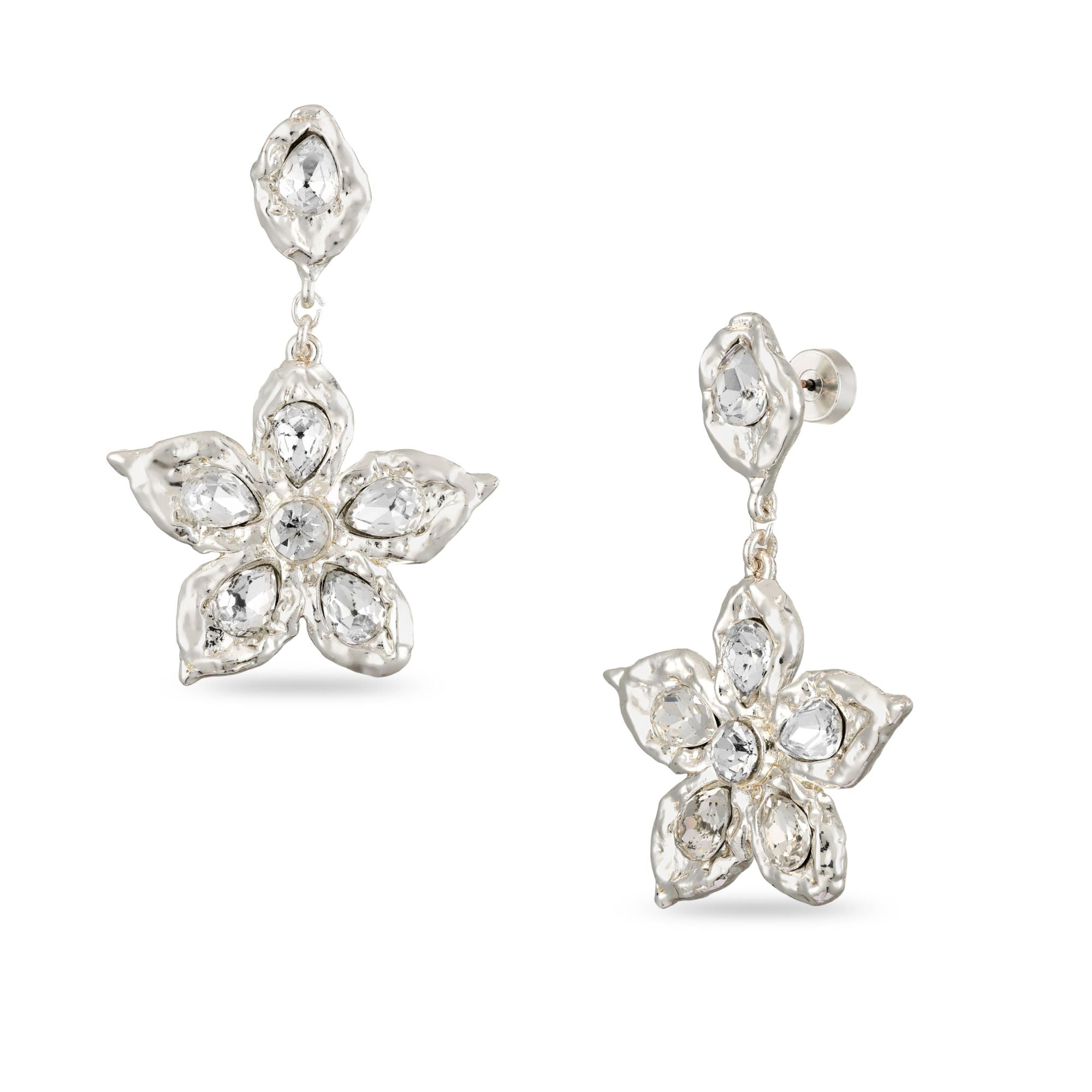 Floral silver earrings with clear gemstones on a white background