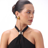 Molten Drape Earrings - model shot, gold draped fold earring worn on ear by Sucra