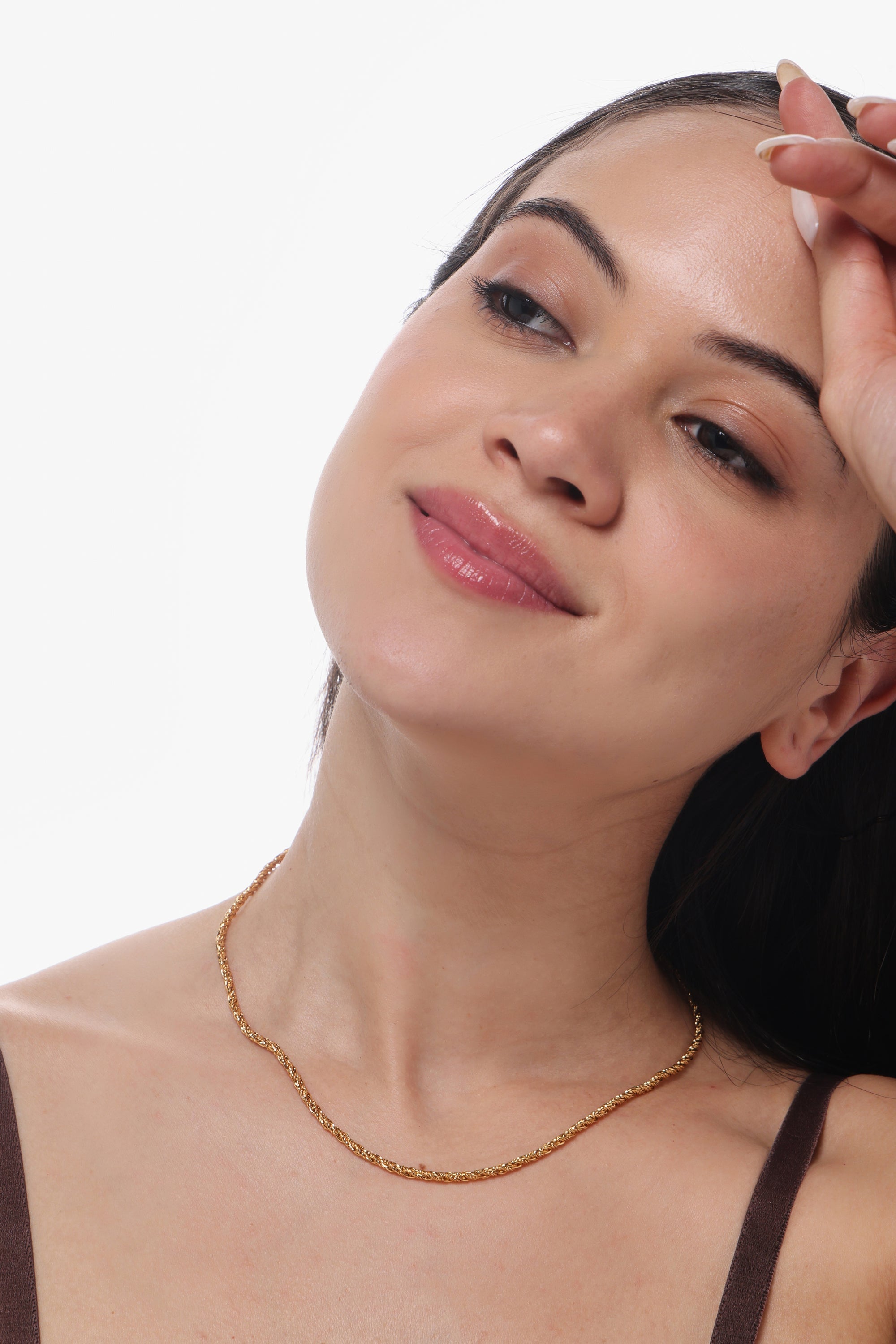 The Woven Chain Set - model shot, gold woven link necklace by Sucra