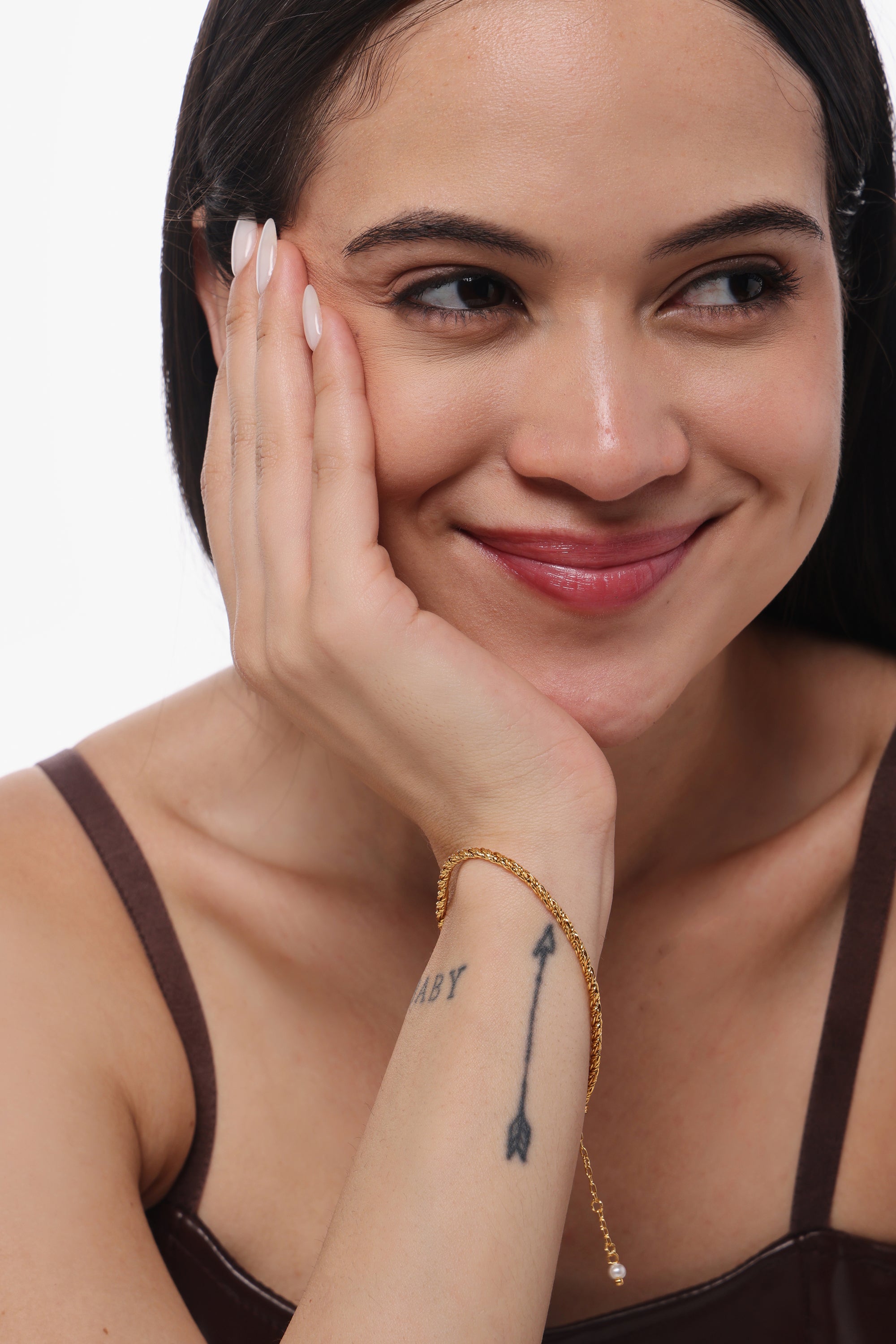 Woven Chain Bracelet — model shot, 14K gold-plated recycled brass bracelet by Sucra