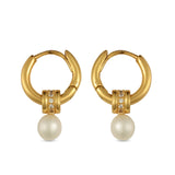 Petite Pearl Huggie Earrings - gold huggie hoops with clear stones and pearl drops by Sucra
