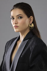 Celestial Orbit Earrings - model shot, gold crescent hoop earrings by Sucra