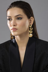 Cascade Disc Earrings - model shot, gold tiered disc drop earrings by Sucra