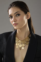 Gilded Medallion Necklace - model shot, gold coin fringe necklace by Sucra