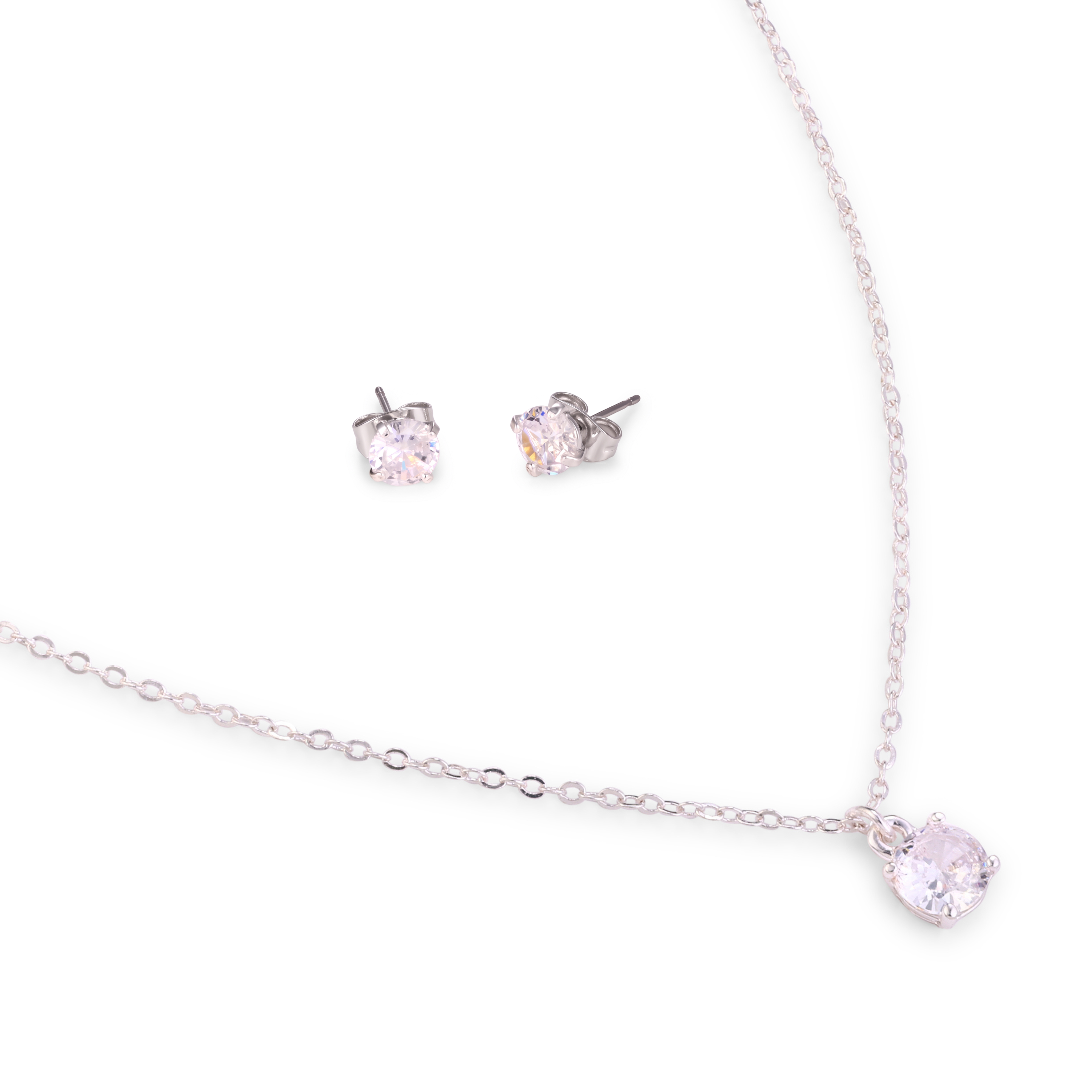 Facet Round Solitaire Set - silver CZ necklace and stud earrings by Sucra