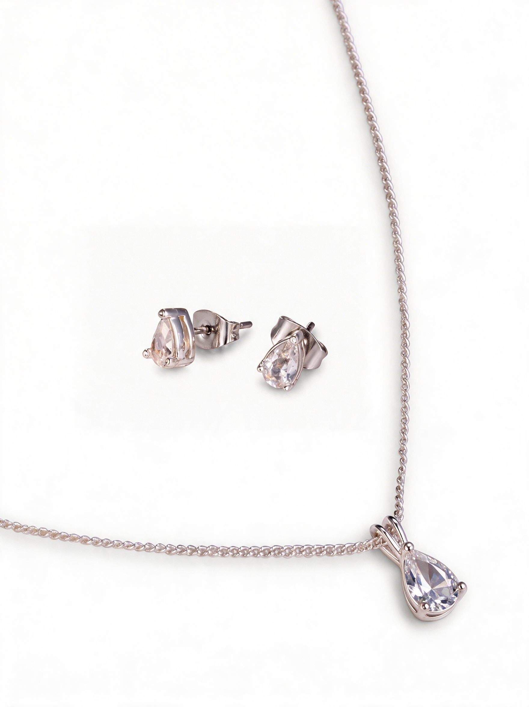Facet Pear Solitaire Set - silver CZ necklace and stud earrings by Sucra