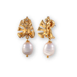 Golden Palm Pearl Earrings - gold leaf studs with baroque pearl drops by Sucra