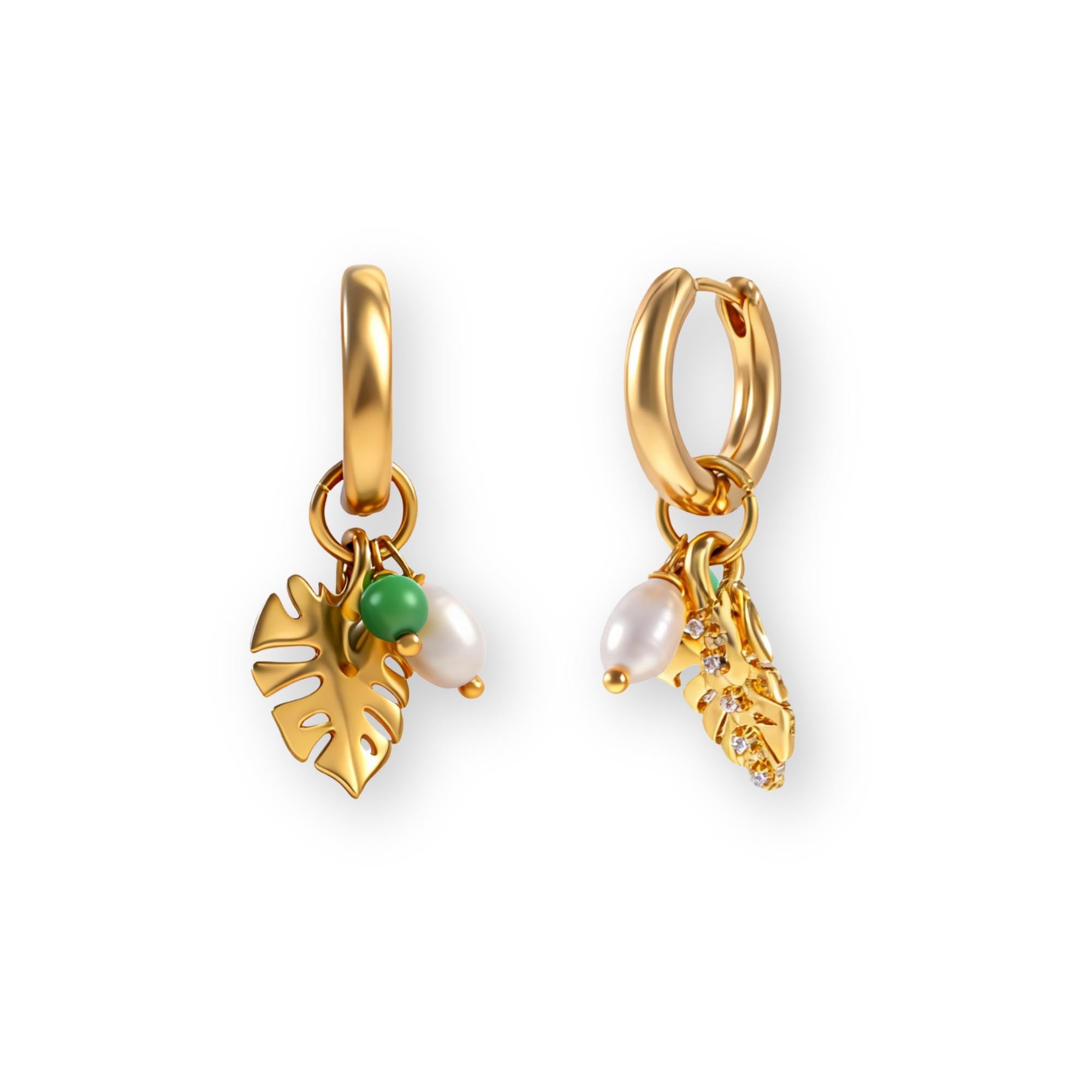 The Island Set - gold huggie hoops with palm leaf charms, green agate and a freshwater pearl by Sucra